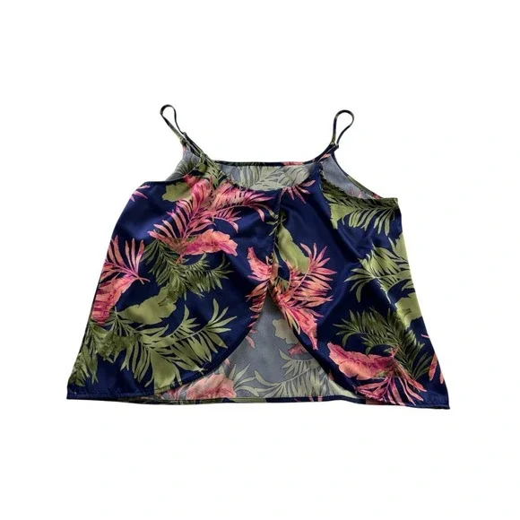 Joyspun Satin Scoopneck Palm Navy Green Pink Cami & Shorts Pajama Set Large - Picture 8 of 12